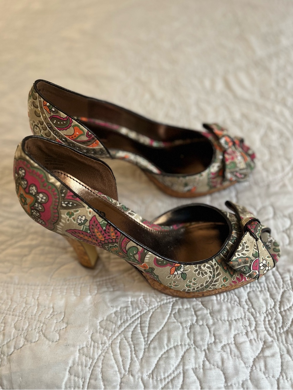 Unlisted Multicolor Paisley Peep-Toe Bow Heels
